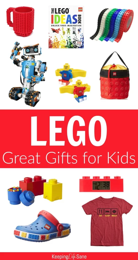 Colorful and different logo themed toys like Lego Crocs, red Lego tee, Lego clock and Lego book