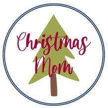 picture of a green Christmas tree in a double navy blue circle with christmas mom written in red cursive