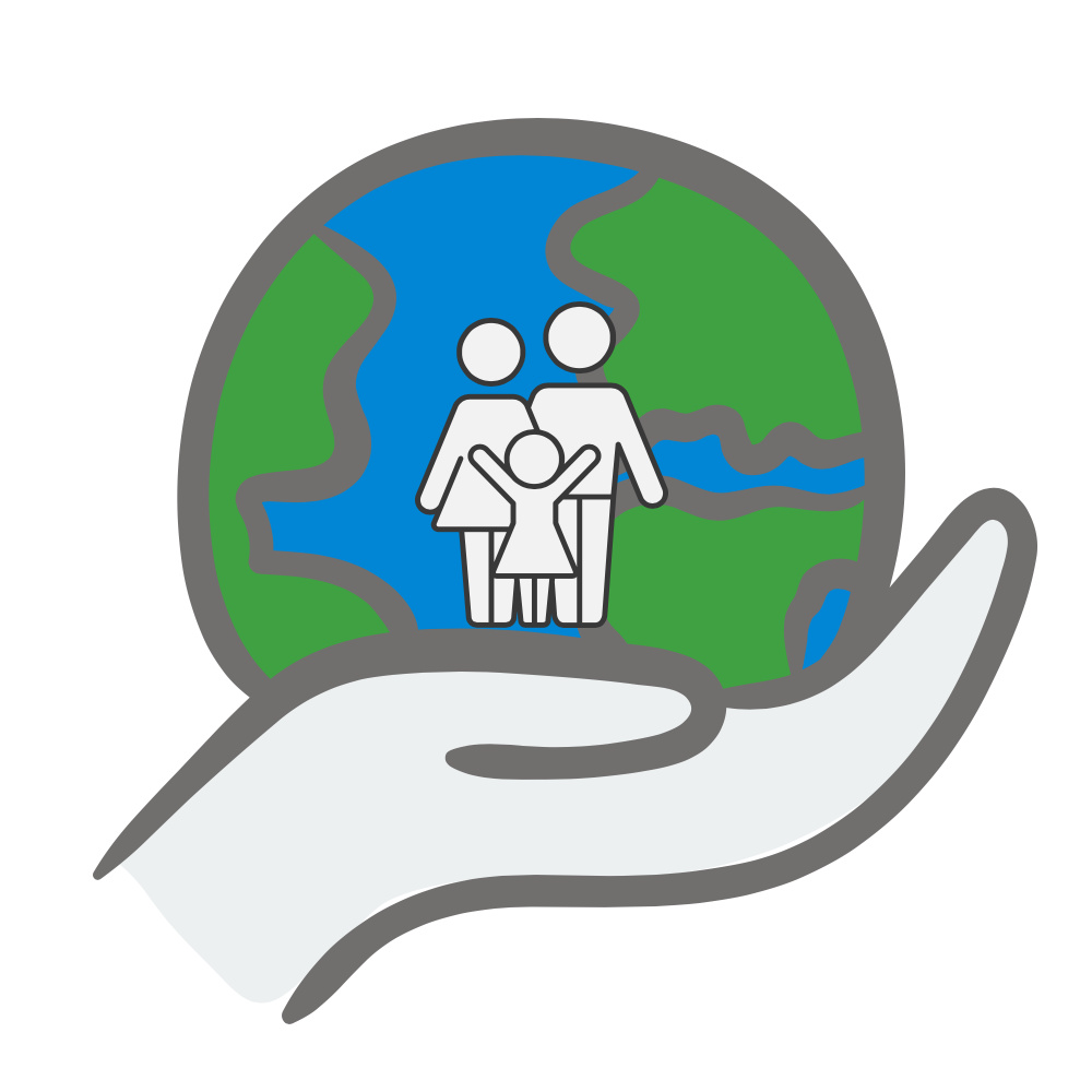 graphic art of hand holding globe with clip art family